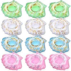 Honeydak 12 Pieces Inflatable Drink Holder Shell Drink Floats Sequin Reusable Inflatable Sea Animal Cup Coasters Pool Cup Holders for Summer Swimming Party Favors Decoration (White,Pink,Blue,Green), 8.6*6.7*2.16 inch/22*17*5.5cm