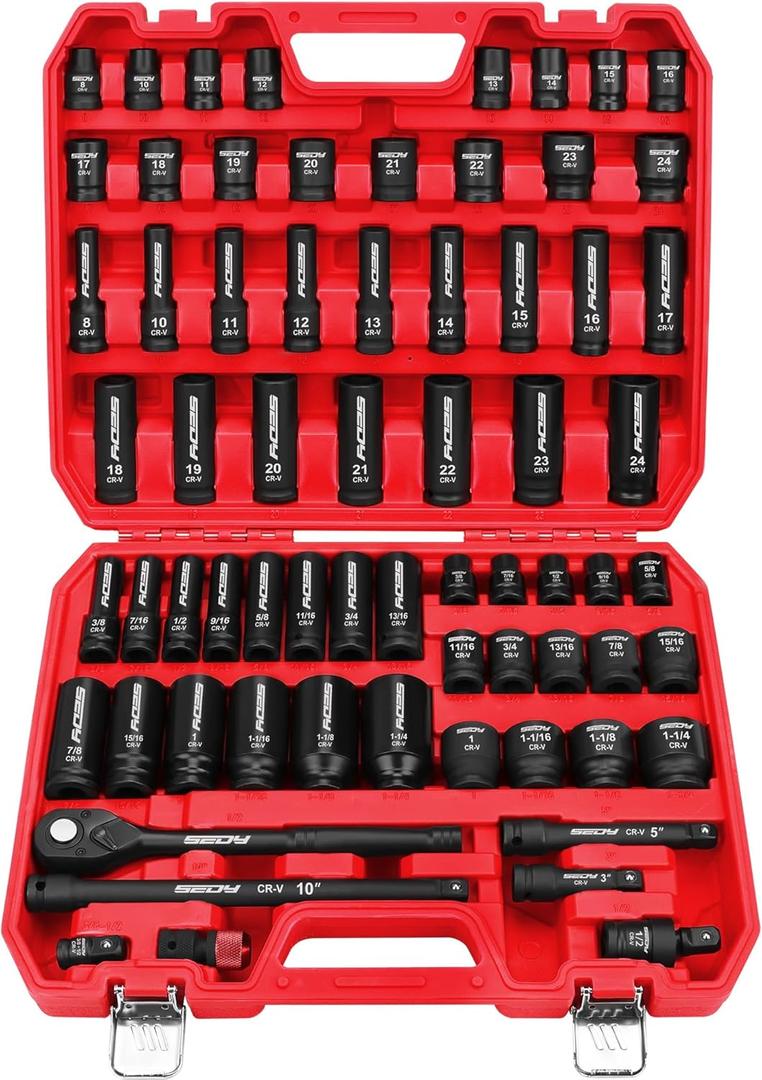 Master 1/2" Drive Impact Socket Set, 67-Piece Standard & Deep Master Impact Socket Set SAE 3/8"-1-1/4" & Metric 8-24mm Socket Set with Ratched Hand, Extension Bar, Reducer, Impact Universal Joint?Cr-V