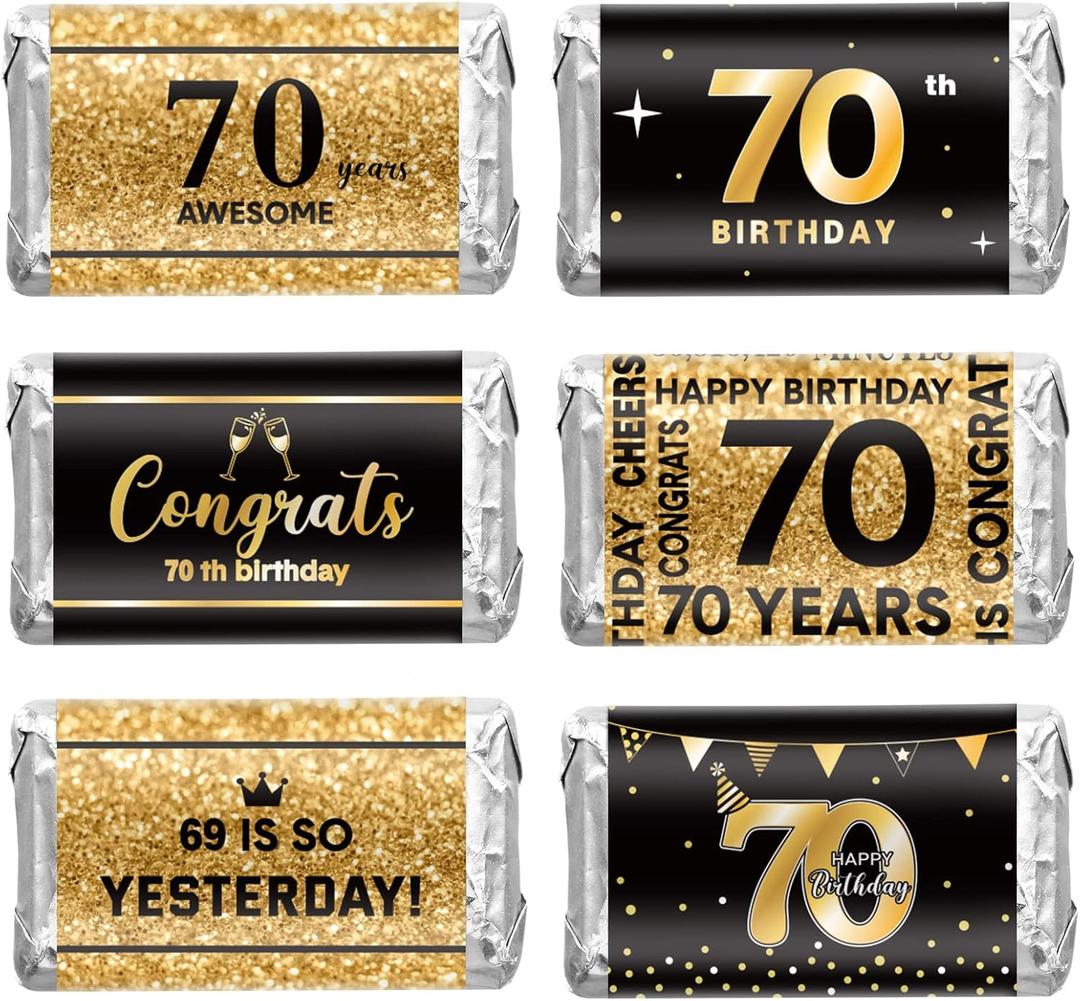 Tenare 180 Pcs 70th Birthday Stickers Black and Gold Cheers to 70 Years Candy Bar Wrappers Happy 70th Birthday Party Favor Labels for Adults Anniversary Party Candy Chocolate Supplies