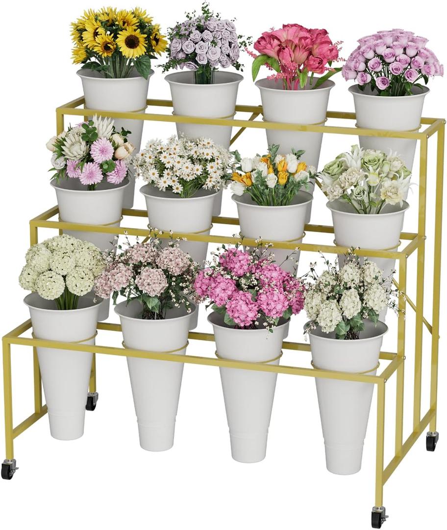 Flower Stand, 3-Tier Flower Display Stand with Buckets for Indoor Outdoor, Flower Cart Display Stand with Wheels for Courtyard, Balcony, Flower Shop, Wedding, Party, Exhibition (Gold)