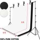 HYJ-INC Photo Background Support System with 8.5 x 10ft Backdrop Stand Kit, 100% Cotton Muslin Backdrop (White Black),Clamp, Carry Bag for Photography Video Studio