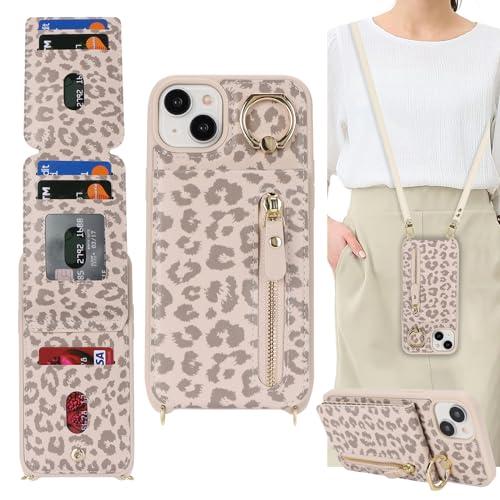DEYHU for iPhone 14 Plus Case with Card Holder for Women, for iPhone 14 Plus Phone Case Wallet with Strap Credit Card Slots Crossbody with Kickstand Zipper Case - Rice Leopard
