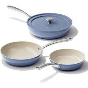 Redchef Nonstick Ceramic Pans, 4-Piece Deep Ceramic Frying Pan with Lid, 8" 9.5" 11" Deep Frying Pan, Egg Frying Pans Suitable for All Stovetops, PFAS & PTFE & PFOA Free, Dishwasher & Oven Safe, Blue