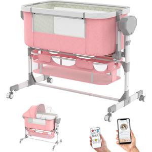 Pionevox Rocking Bassinet for Baby, Electric Bassinet Automatic 5 Rocking Motion Bassinet Bedside Sleeper for Newborn, Auto Rolling Baby Cradle 6 Height Adjustable with 4 Lullabies, Wheels, Storage