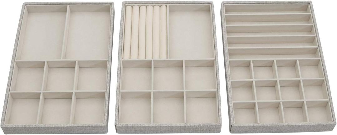 Household Essentials Grey Stacking Jewelry Organizer Box Tray Set with Removable Lid Fabric (744-1) (White)