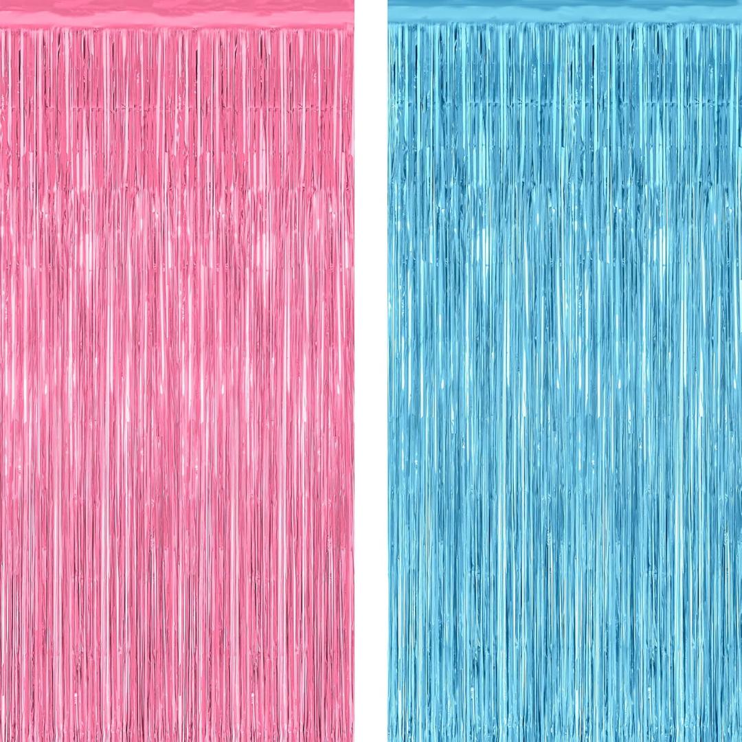 2 Pack Gender Reveal Decorations, 3.28 FT x 7.05 FT Pink and Blue Fringe Backdrop, Metallic Boy or Girl Foil Fringe Curtains Tinsel Backdrop Party Streamers, Birthday Party Decor Photo Booth Props, Pink Blue