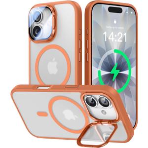 VOFATA [Upgraded Full Camera Protection] for iPhone 17 Case with Camera Cover Stand [Fit for MagSafe][10FT Mil-Grade Protection] Translucent Magnetic iPhone 17 Phone Case, Orange