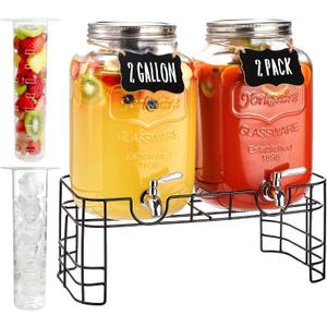 2 Gallon Large Glass Drink Dispenser Set, 2 Pack Beverage Dispensers with Stand & 18/8 Stainless Steel Spigot, Leakproof for Lemonade, Sun Tea & Iced Tea