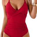 B2prity Women's One Piece Swimsuits Tummy Control Front Cross Bathing Suits Tie Back Slimming V Neck Swimwear (Large, Red Solid Color)