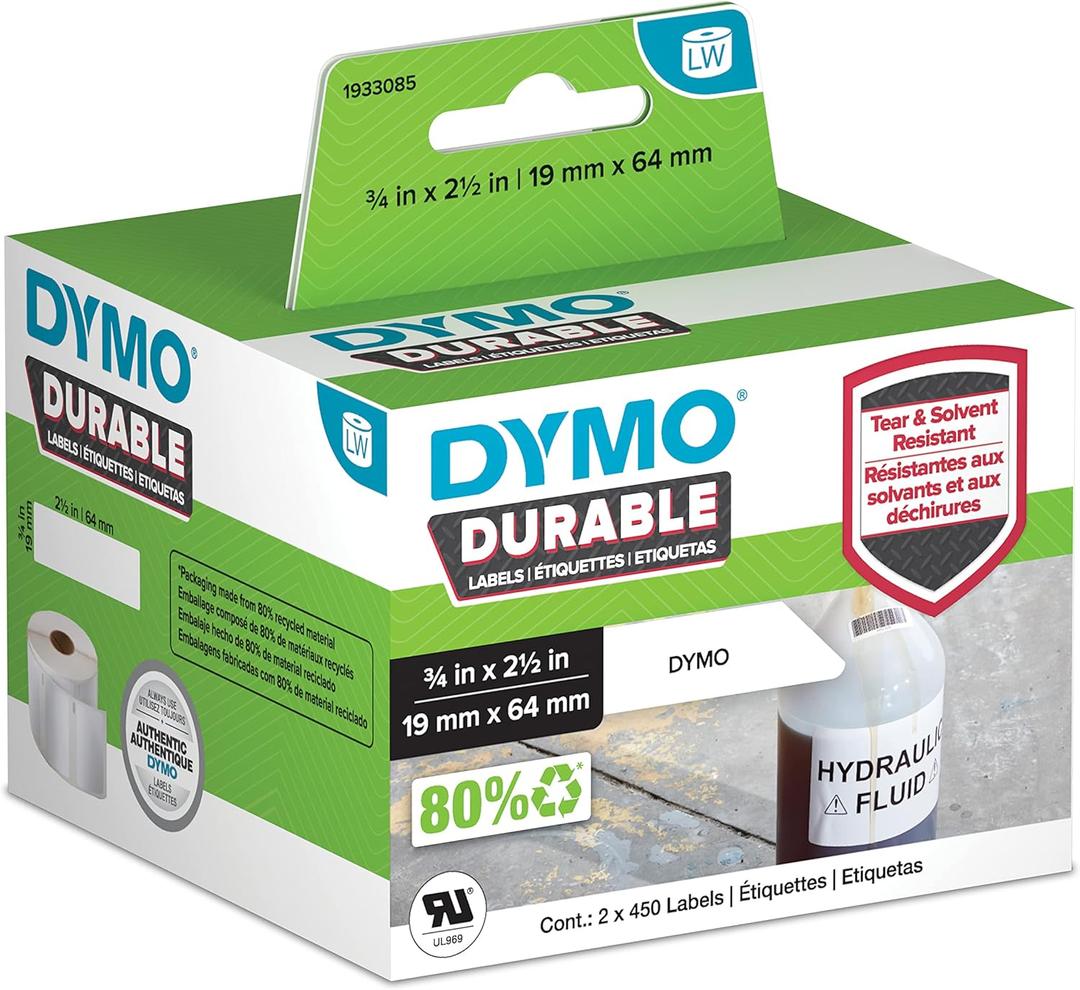 DYMO LW Durable Industrial Labels for LabelWriter Label Printers, White Poly, 3/4 x 2-1/2, 2 Rolls of 450 (900 Total)