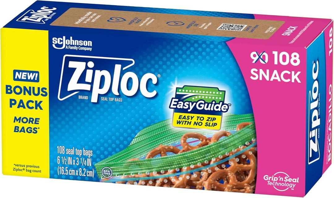 Ziploc Snack Bags with EasyGuide Texture, Small Plastic Storage Bags with Grip 'N Seal Technology, 108 Bags Total