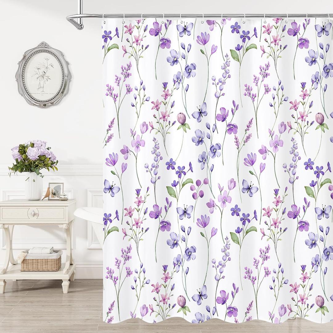 Litabel Watercolor Floral Shower Curtain, Purple Butterfly Flower Shower Curtain for Bathroom, Modern Minimalist White Waterproof Fabric Shower Curtain Set, 72x72 Inch