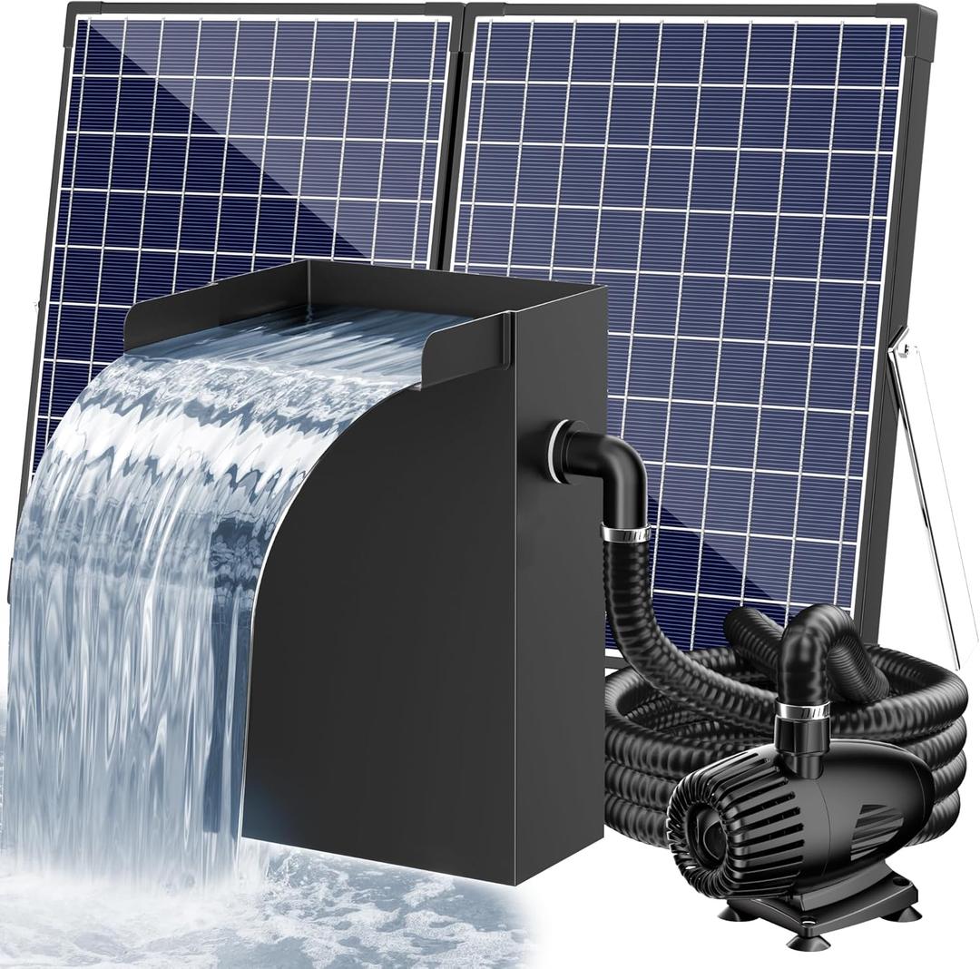 POPOSOAP 55W Solar Pond Waterfall Box with Fountain Pump, 304 Stainless Steel Pond Waterfall Spillway, Pond Spillway with 9.8FT PU Corrugated Tubing for Garden Waterfall,Water Features-P5552H