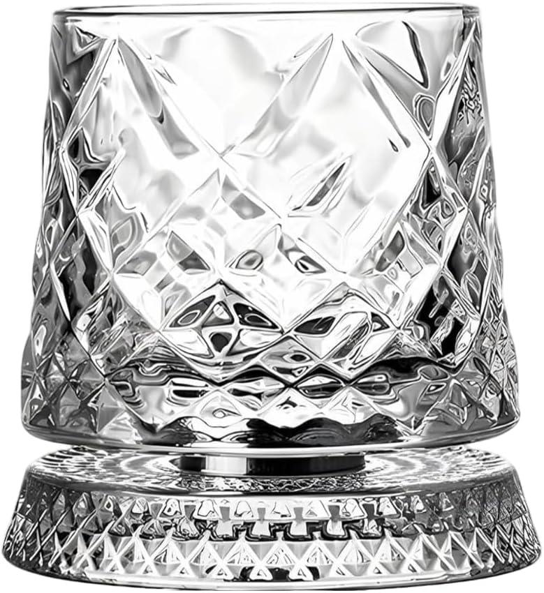 360 Rotating Old Fashioned Whiskey Glass Set - Spinning Crystal Tumbler with Sword-Engraved Design & Illuminated Stress Relief Base, 2-Piece Rotatable Cocktail Glass for Birthdays,Fathers Day Gifts
