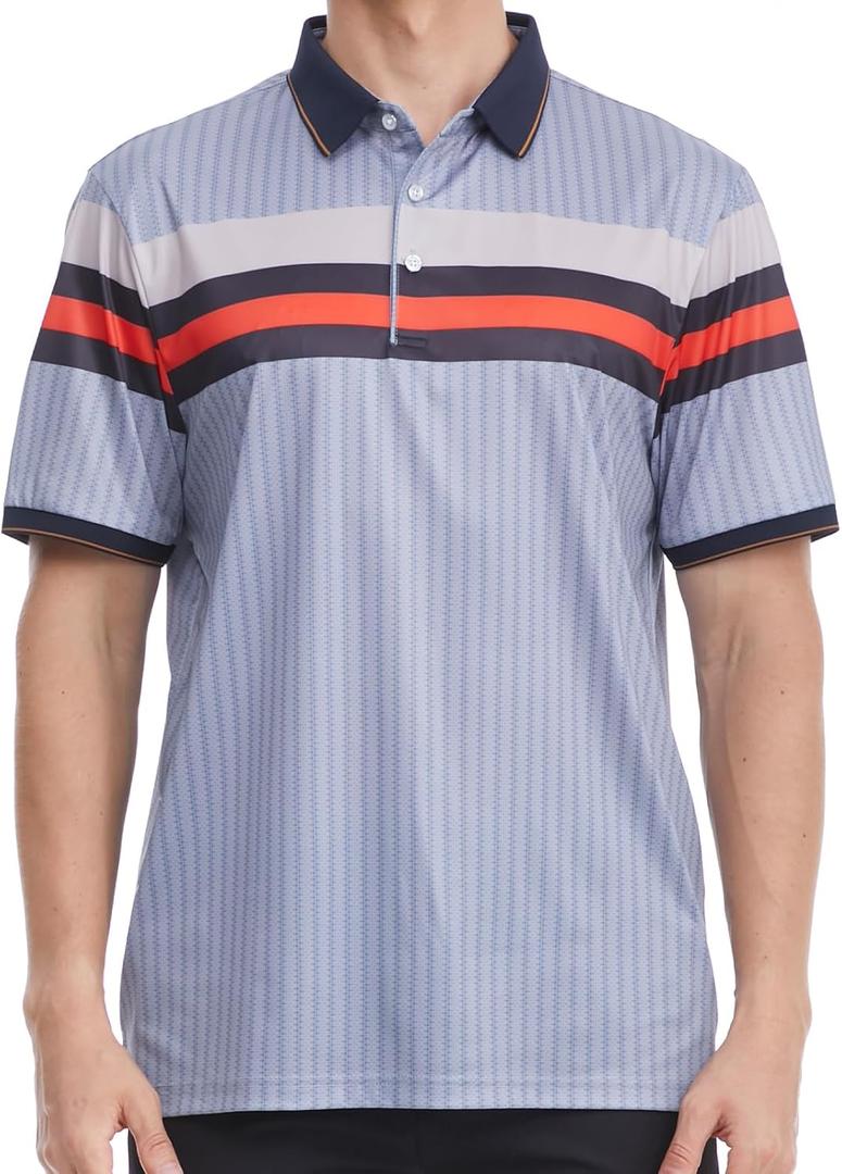 Men's Golf Polo Shirts Short Sleeve Dry Fit Performance Moisture Wicking Print Collared Golf Shirts for Men (Large, Silver Grey Pattern)