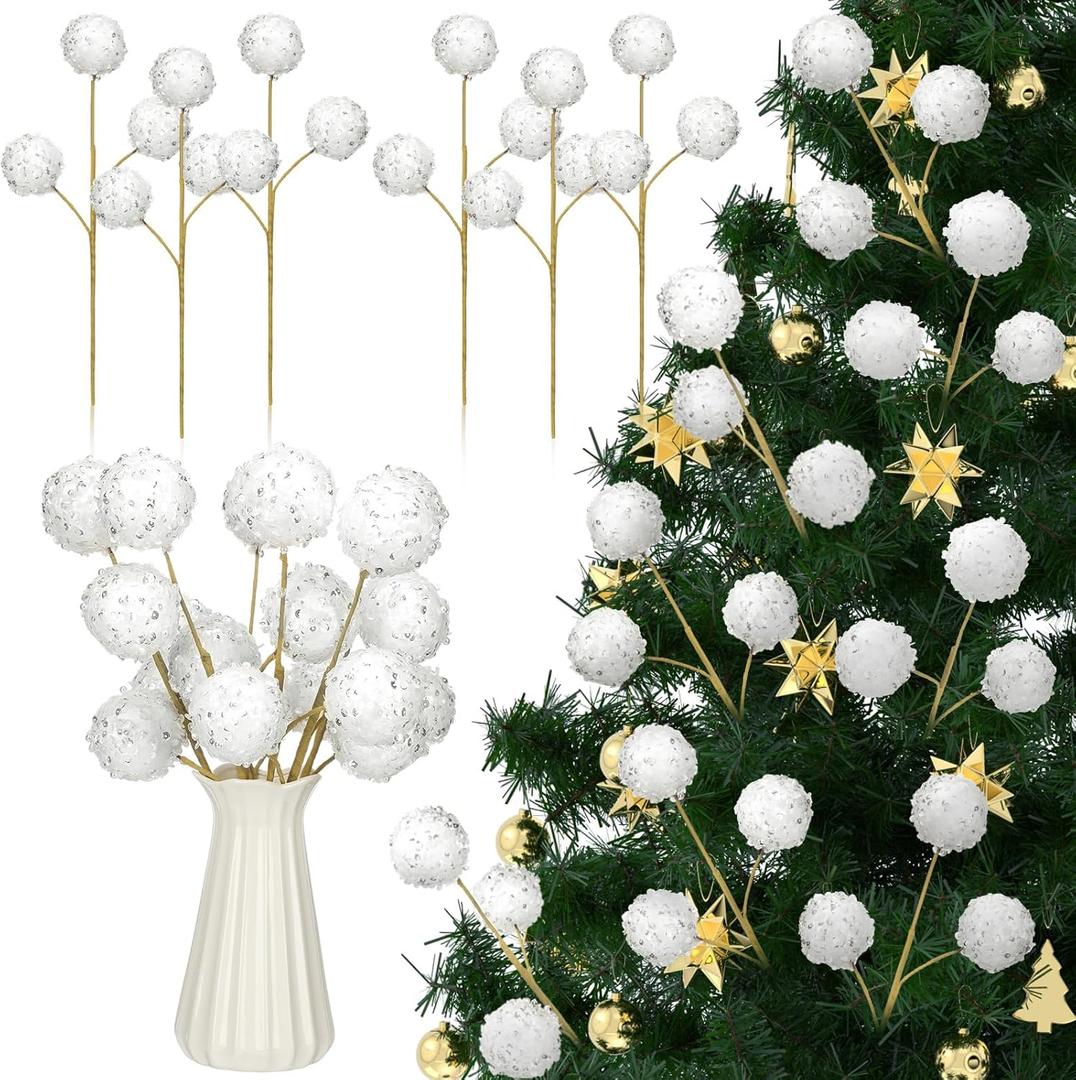 Norme 6 Pcs 15.8" Christmas Glitter Ball Tree Picks Christmas Ball Decorations Artificial Berry Stems Branches for Filler Vase Home Xmas Tree Party Holiday Decor (White)