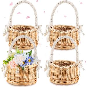 Thyle 4 Pcs Flower Girl Baskets with Handle, 7.87 x 4.33 Inch, Wicker Rattan, Lightweight, Brown (White Lace)