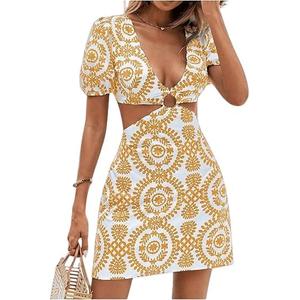 Summer Dresses for Women 2025 Vacation,Sexy Bodycon Cut Out Short Puff Sleeve Tie Back Dress for Women (XL, Orange)