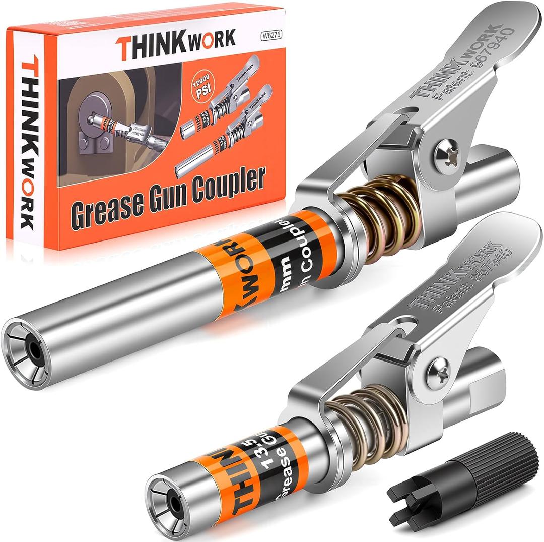 THINKWORK 2PC Grease Gun Coupler, 0.53" Grease Gun Tips, Strong Lock & Extra Reach Grease Coupler, 12000 PSI Quick Release Grease Coupler, Compatible with All Grease Guns 1/8" NPT Grease Gun Fitting