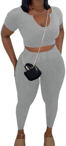 Nimsruc 2 Piece Sets For Women Sexy Casual Workout Crop Short Sleeve Long pants Leggings Sets Summer Active Wear M