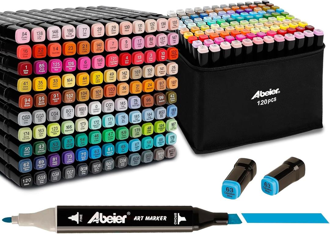ABEIER 120 Colors Alcohol Markers Set, Dual Tips Blender Art Markers for Drawing, Permanent Sketch Marker for Kids adult coloring, Alcohol Based Marker, Adults Coloring and Artist Illustration.