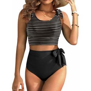 Yonique Two Piece High Waisted Swimsuits - Women Tummy Control Bikini Modest Bathing Suit 2PC 2025 Black Striped S