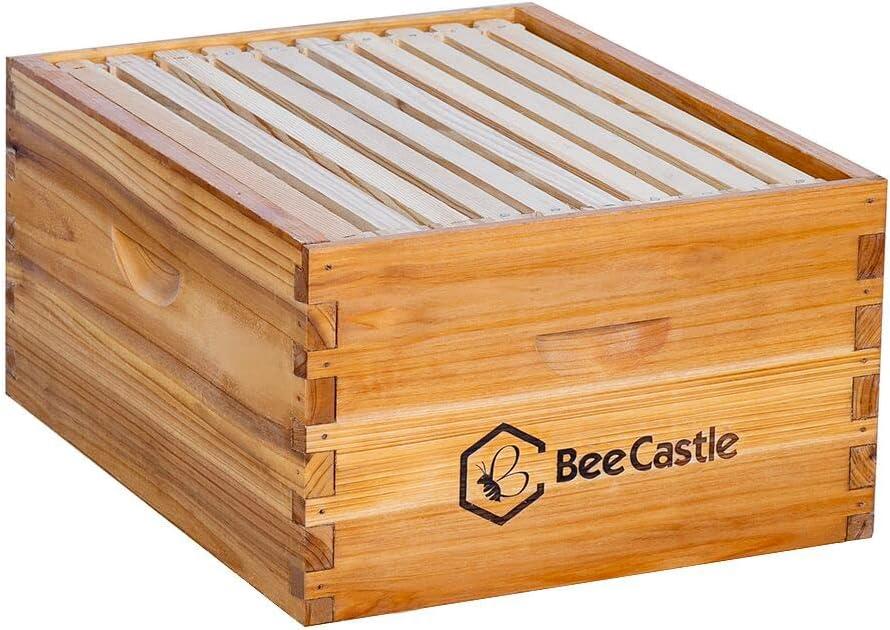 BeeCastle Heavy Wax Coated Unassembled Langstroth Deep/Brood Box with Frames and Beeswax Coated Foundation Sheet (10 Frame)