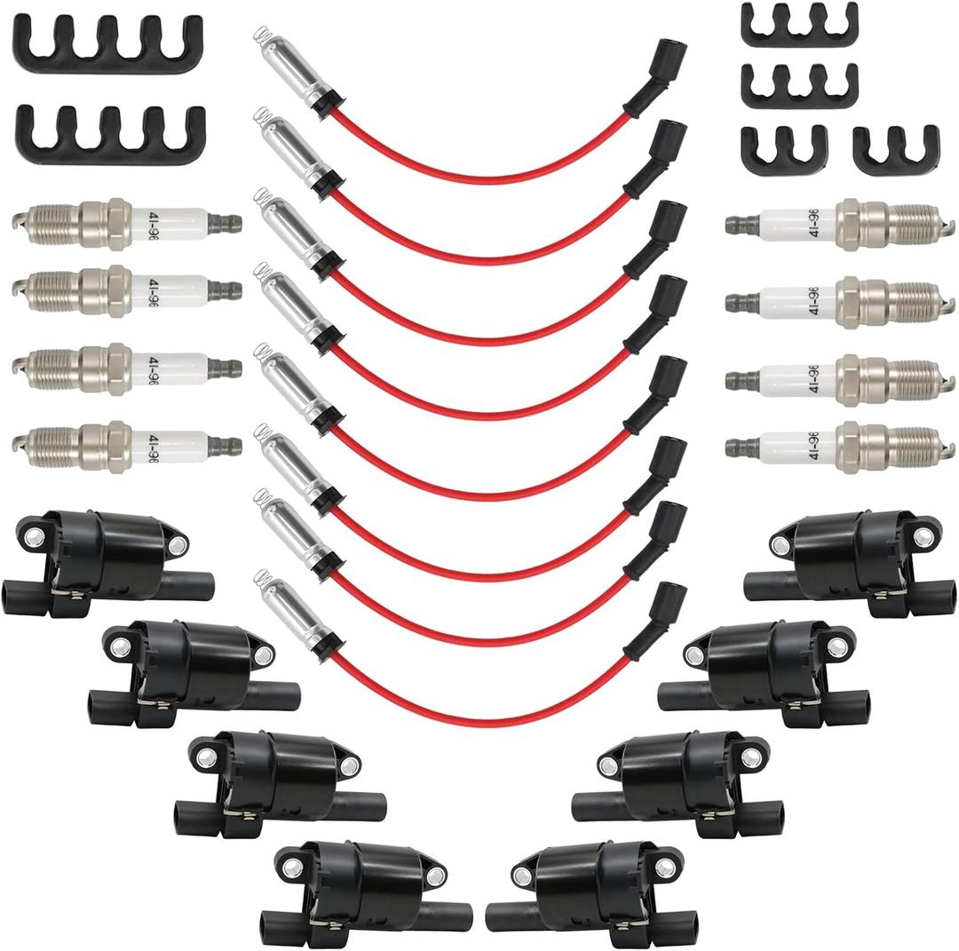 Set of 8 UF414 Round Ignition Coil Set with 41-962 Spark Plugs & 12192192 748UU Spark Plug Wires Set, Compatible with Chevy GMC 1500 2500 3500 4.8L 5.3L 6.0L 1999-2007, Replace C1512 D514A E894 IC534