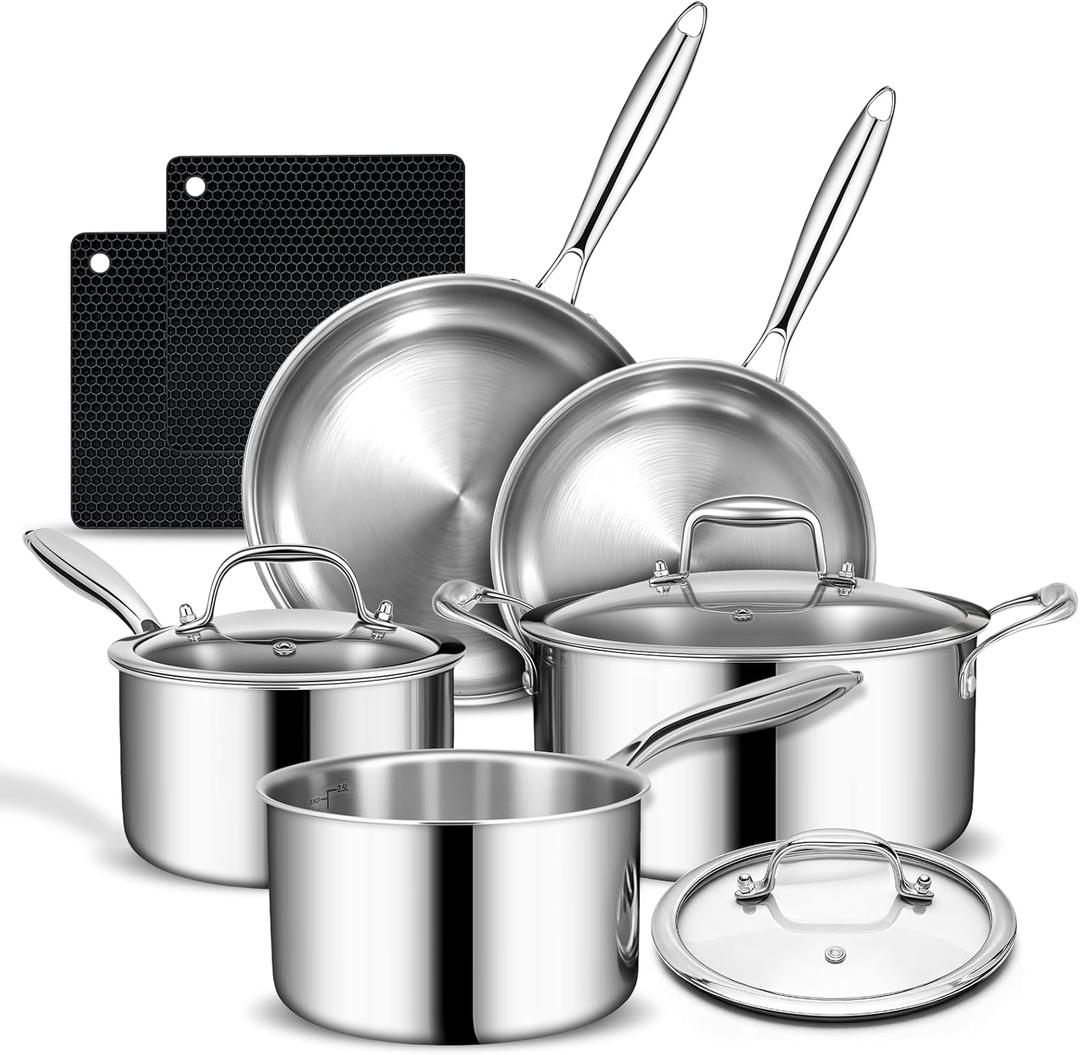3 Ply Stainless Steel Cookware Set, AIVIKI 10Pieces Pots and Pans Set, Induction Kitchen Cookware Set, Oven Safe to 500℉, Chef Quality Cooking Set w/Fry Pans, Saucepans, Dutch Oven, Kitchen Essential