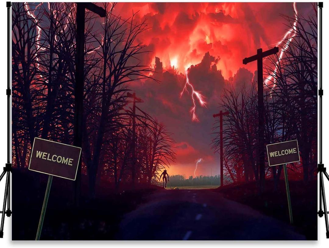 Red Horrors Forest Backdrop Sky Lightning Banner Background Birthday Backgrounds Party Home Decoration Photo Studio Props 82.68x59 in YUNHBDJ855