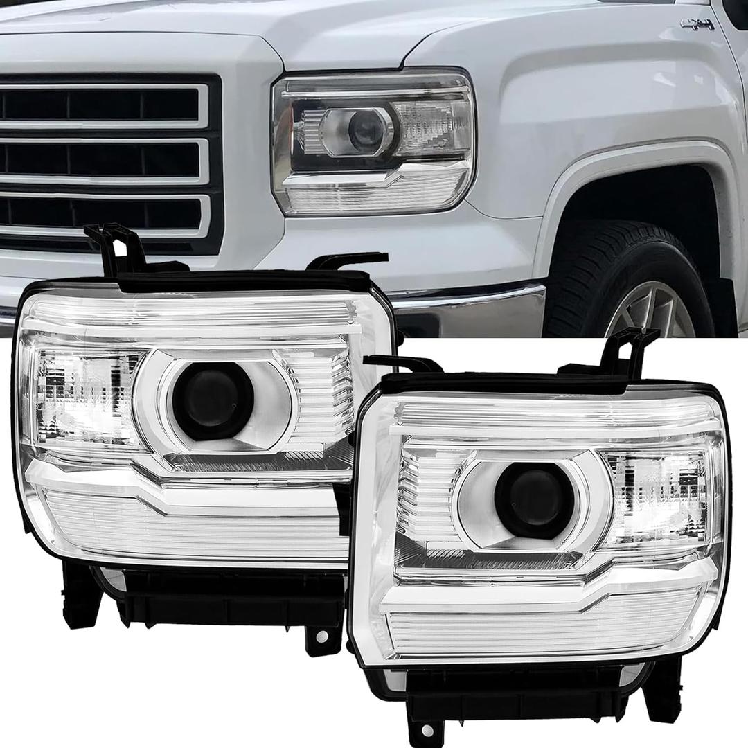 APSVE For 2014 2015 2016 2017 2018 GMC Sierra 1500 Headlight Headlamp Assembly Compatible with 2015-2019 GMC Sierra 2500HD 3500HD Head Lights Replacement L+R Chrome Housing Clear w/Bulbs