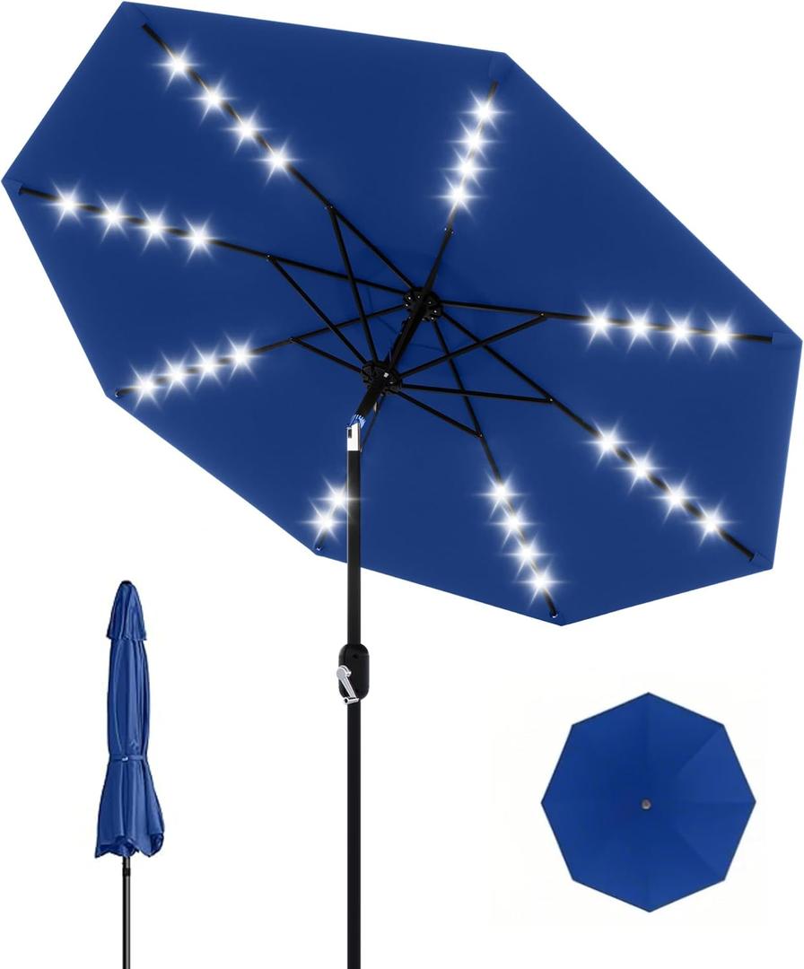 9 Ft Solar Patio Umbrella with LED Lights & Tilt Crank, 8 Ribs Outdoor Market Table Umbrella for Pool, Deck, Backyard (9FT, Navy Blue)