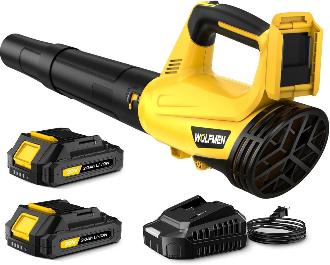 Leaf Blower, Electric Cordless Leaf Blower with 2 Batteries and Charger, 2 Speed Mode, Lightweight Cordless Blower for Blowing Leaves, Patio Cleaning, Blowers for Lawn Care and Dust (Yellow)