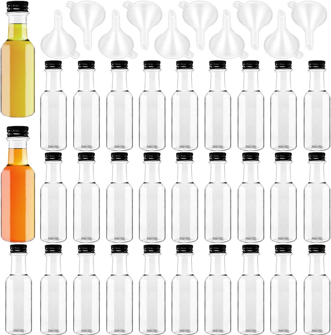 Mini Liquor Bottles, 30 Pack Airtight Plastic Spirit With Black Cap, 1.7 Oz Empty Alcohol Shot With 10 Funnels, Miniature for Weddings, Parties