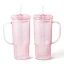 GOSCHE Glass Cups with Lids and Straws, 24oz Glass Tumbler with Straw and Lid, Iced Coffee Cups with Handle for Smoothie Juice Water Tea, Pink, 2 Pack