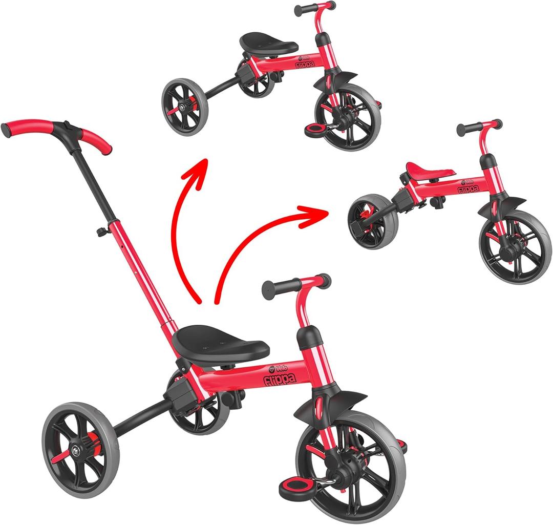 Yvolution 3 in 1 Toddler Trike Y Velo Flippa Push Tricycle Toddler Balance Bike with Parent Steering Push Handle for Boys Girls 2-5 Years Old (Red)
