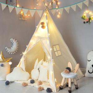 Kids Teepee Tent with Padded Mat, Banner, Fairy Lights, Yarn Ball, Carry Bag, Beige Cotton Canvas Play Tent for Child with Tassels Lace, Play House Tipi for Kids Room Decor