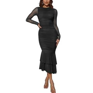 Atizon Elegant Ruched Bodycon Evening Dresses for Women Cocktail Party Formal Maxi Mermaid Dress Black, M