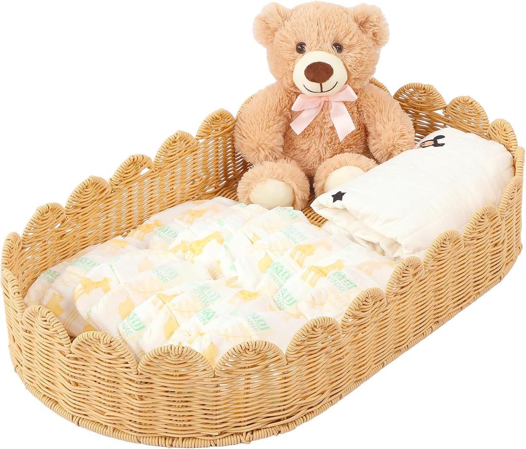 Handmade Scalloped Rattan Baby Changing Basket 30 x 16.5 x 5.1 Inch Changing Table Basket for Baby Dresser Extra High Sides Scallop Diaper Organizer for Nursery Decoration