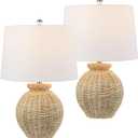 JONATHAN Y 22" Brown Rattan Rustic Coastal Table Lamp Set of 2, Woven Wicker Globe Base with White Linen Shade for Living Room Bedroom, UL Listed, LED Bulbs Included JYL4050A-SET2