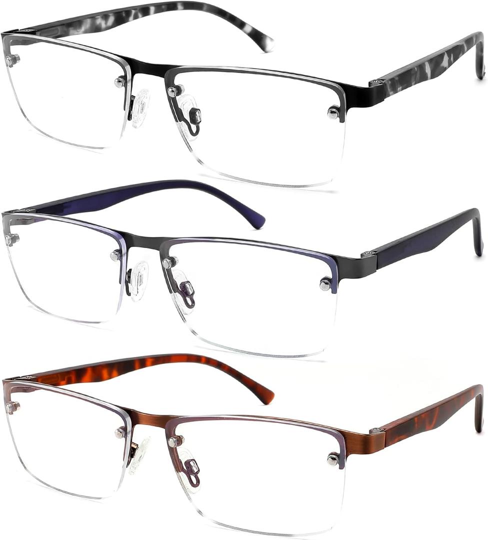 3 Pack Reading Glasses for Men Blue Light Blocking,Fashion Half Frame Mens Computer Readers with Spring Hinge (3 Pack(black/Gun/Brown))