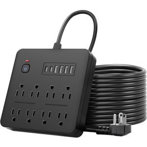 6 FT Flat Plug Surge Protector Power Strip,8 Multiple AC Outlets with 6 USB Ports (2 USB C), 6 Feet Extension Cord, 1250W/10A, One Touch Switch Button, 17 in 1 Compact powerstrip (Black)