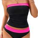 SOLY HUX Tankini Swimsuits for Women Color Block Bandeau Ruched Bikini Two Piece Bathing Suits (Small, Black and Pink)