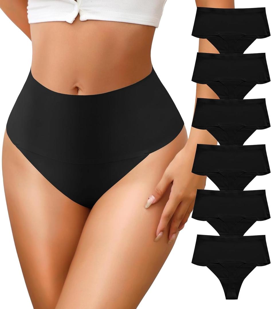 ASIMOON High Waisted Thongs Underwear for Women Seamless Underwear Ladies Soft No Show High Cut Panties 6 Pack (Large, Black(6 Pcs))