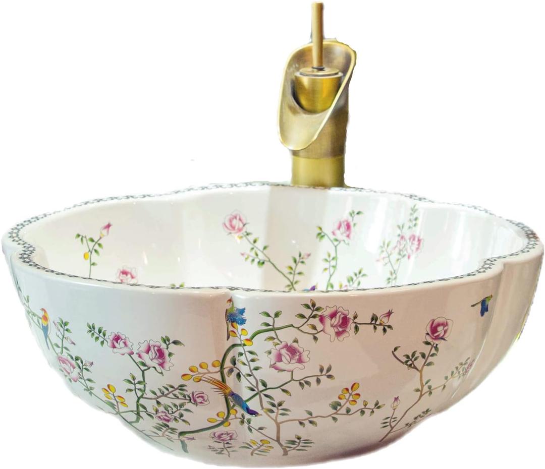Ceramic Bathroom Vessel Sink Bowl White Color Art Above Counter Vanity Wash Basin with Flower Shape and Flower Bird Pattern,1Sink Only