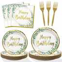 Lopeastar Neutral Sage Green Birthday Decorations Plates Set for 25 Guests, Glitter Foil Gold Print Happy Birthday Plates Napkins Forks Party Decorations