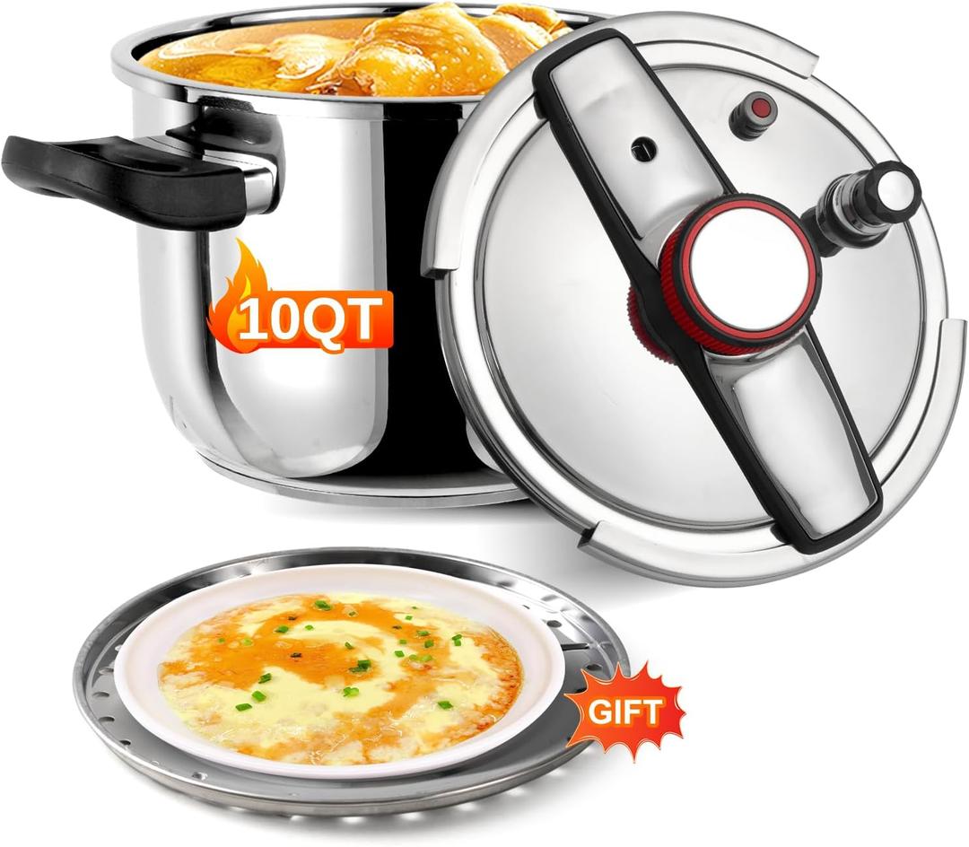 Pressure Cooker 10 QT, Stainess Steel Pressure Canner 10 Quart, Explosion-Proof Cookware, Rotating Lock/Unlock Lid, One-handed lid opening, Thickened Silicone Ring And Anti-scald Handle, Silver (10 Quarts)