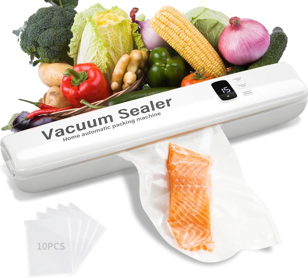 Food Vacuum Sealer 20 Vacuum Sealer Bags, Automatic Food Vacuum Sealer, Digital Display and Independent Sealing Function (White)