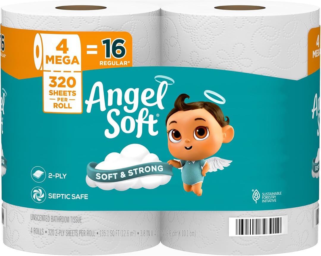 Angel Soft Toilet Paper, 4 Mega Rolls = 16 Regular Rolls, Soft and Strong Toilet Tissue, 320 Sheet