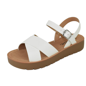 Soda Shoes Women Flat Sandals Flatform Ankle Buckle Criss Cross Band Straps Chester-S White Size 8.5